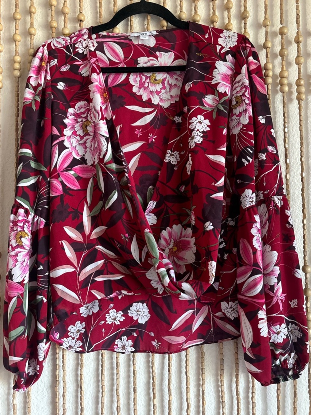 Bar lll Red Pink Floral Wrap Draped Front Long Sleeve Contemporary Work Blouse S